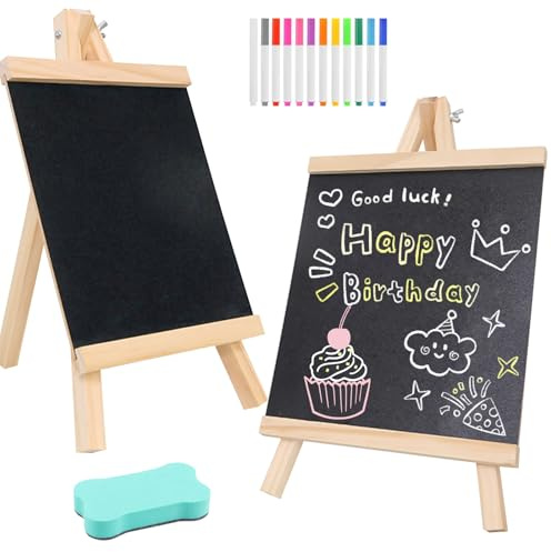 2 Soportes para Pizarra, 12 Colores de Pintura de Tiza y 1 Borrador, Pizarra de Escritura de 29 x 16 cm, Pizarra Pequeña, para Etiquetas de Precio, Mesa de Bufé, Cumpleaños, Bodas, Fiestas y Eventos