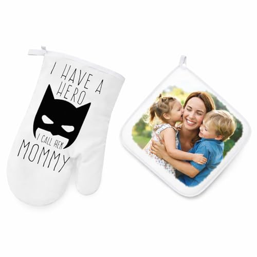 GIFART Set Guanto e Presina da Forno Personalizzato con Foto e Testo – Resistente al Calore – Idea Regalo Festa della Mamma, Compleanno, Natale (Bianco)