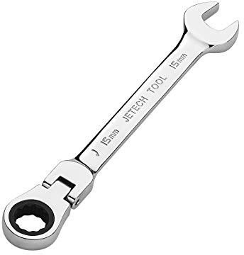 Jetech Clé à cliquet flexible de 15 mm, de qualité industrielle, avec tête flexible, fabriquée en acier allié Cr-V forgé et traité thermiquement, entièrement polie avec 12 points, métrique