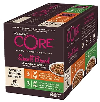Wellness CORE Small Breed Savoury Medleys, Hundefutter nass für kleine Hunde, Farmer Selection Mix, 6 x 85 g, ohne Zuckerzusatz, getreidefrei, mit hohem Fleischanteil