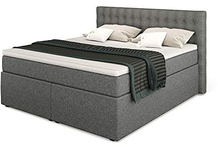 Betten Jumbo King Boxspringbett 180x200 cm mit Bettkasten 7-Zonen TFK Härtegrad H3 und Visco-Topper | Farbe Hellgrau | div. Größen verfügbar