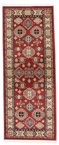 RugVista Shirvan Kazak Teppich, 80 x 200 cm, Rot/Beige | Orientalische, Rechteckig, Niedriger Stapel, Nur chemische Reinigung, Oeko-Tex 100, Wohnzimmer, Esszimmer, Schlafzimmer