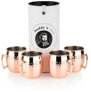 Buddy´s bar – Moscow Mule mugg 500 ml högkvalitativ rostfri mugg, livsmedelssäker, hammareffekt, cocktailkopp inkl. presentförpackning, hamrat, kopparpolerad, uppsättning av 4
