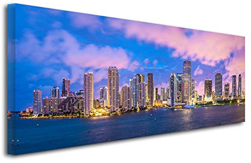 DECLINA Großes Panoramabild Miami – Fotodruck Stadt auf Leinwand, Wanddekoration, Landschaft – Deko für Haus, Küche, Wohnzimmer, Schlafzimmer, Erwachsene, mehrfarbig, 120 x 50 cm