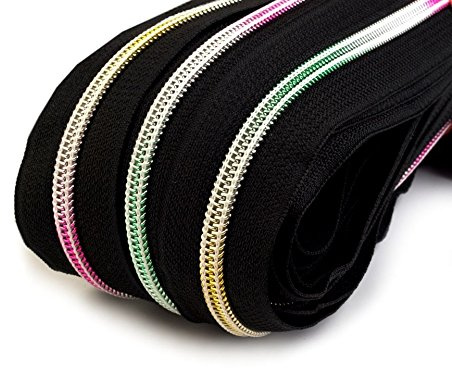 Schnoschi 6 m schwarzer 3mm endlos Reißverschluss mit Regenbogeneffekt 3mm Laufschiene + 15 Zipper, Spiralreißverschluss