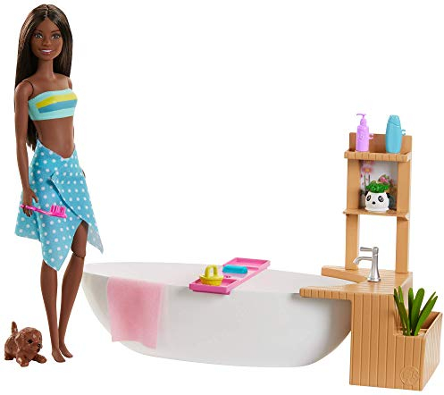 Barbie GJN33 - Wellnesstag Puppe (brünett) und Spielset, mit Badewanne, Hündchen und weiteren Zuebhörteilen, Spielzeug ab 3 Jahren