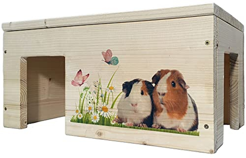 Nagerstore Meerschweinchenhaus aus Holz mit 2 Eingängen, Outdoor, Groß, Holzlasur & Aufklappbar / 45x25x22cm