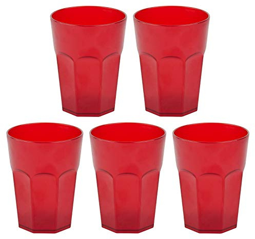 Engelland - 5 x Plastikbecher, Trinkbecher, Rot, Cocktailbecher, 250 ml, mit Eichstrich, stapelbar, Mehrweg, Kunststoff, Frostoptik, wiederverwendbar, Party-Becher, Trink-Glas