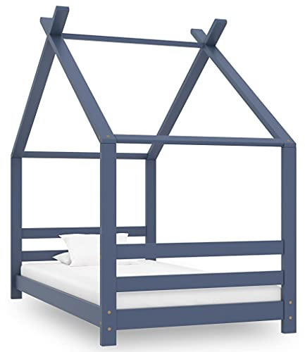 vidaXL Kiefernholz Massiv Kinder Bettgestell Kinderbett Hausbett Bett Holzbett Kinderhaus Spielbett Lattenrost Kinderzimmer Grau 80x160cm