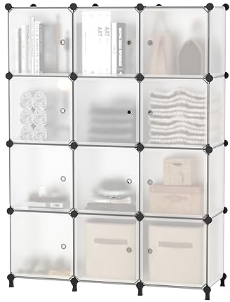 AWTATOS 12 Cube Storage Organizer with Doors, DIY Plastic Closet Shelf, Modular Bookshelf, Stackable Shelving Rack for Bedroom, Living Room, Translucent ULPZ011
