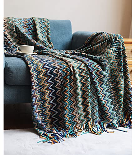 Gestrickte Decke Mit Quasten, Plaid Kuscheldecke Leichte Wohndecke Sofaüberwurf Sofadecke Couchdecke Schlafrdecke Reisedecke Tagesdecke Für Sofa, Bett, Couch (Blau,180 * 260cm)