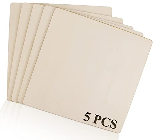 FSWCCK Unfinished Blank Square Wood Pieces, 5 Pack 6mm 1/4 x 12 x 12 Craft Wood, Plywood Board Basswood Sheets, Perfect for DIY Projects, Drawing, Painting, Laser, Wood Burning