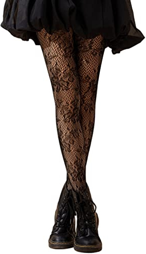 SHENHE Women's Patterned Fishnet Tights High Waist Pantyhose Floral Stockings Black One Size