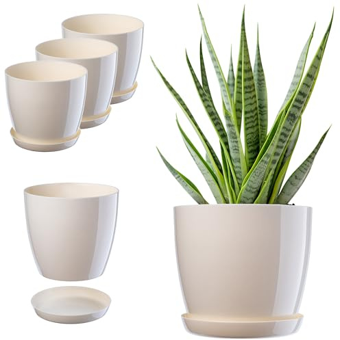 KADAX Pot de Fleurs, Set de Pots de Plantes avec Soucoupe, Pot de Fleurs en Plastique, Pot de Plantes Rond pour l'intérieur, Cache-Pot pour Fleurs et Plantes d'intérieur (Set of 3-20cm, écru)