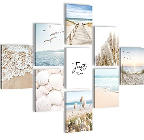 Novart Wandbilder Strand Meer - KOMPLETT AUFHÄNGFERTIG - Ostsee Wohnzimmer Schlafzimmer- 9 Moderne Bilder Set - N026091a