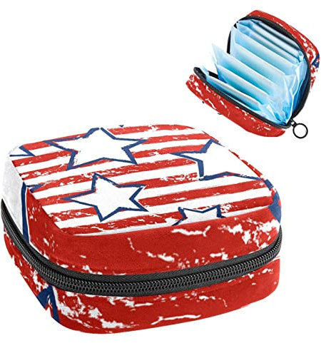USA Independence Day Weiß Rot Streifen Sterne Period Tasche Tragbar Tampon Aufbewahrungstasche für Damenbinden, Mehrfarbig, 4.7x6.6x6.6 in/12x17x17 cm