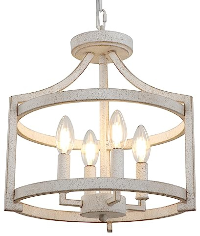 WBinDX 4-Light Farmhouse Chandelier, Distressed Hanging Pendant Lighting, Convertible Semi Flush Mount Ceiling Light Fixture Vintage White Metal Chandeliers for Dining Room Kitchen Foyer Entryway
