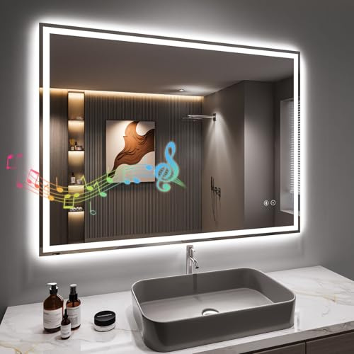Dripex Badspiegel mit Beleuchtung Led Spiegel mit Bluetooth-Lautsprecher und Steckdose, Dimmbar, 3 Lichtfarbe Einstellbare Badezimmerspiegel mit Beleuchtung, Beschlagfrei 50 x 70 cm