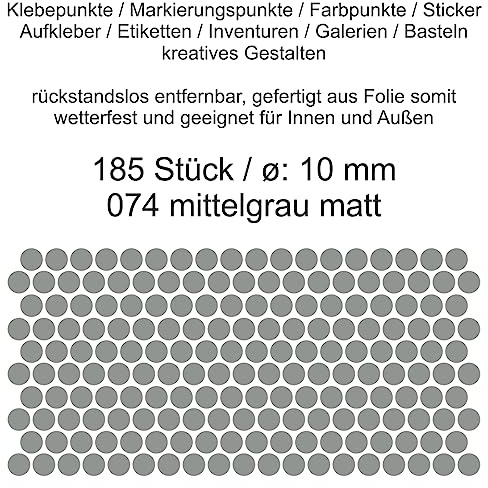 Aufkleber Etiketten Klebepunkte aus Folie 185 Stück grau mittelgrau matt rund 10 mm selbstklebend farbig wetterfest Decal Markierungen Organisieren DIY basteln verzieren Modellbau Scrapbooking