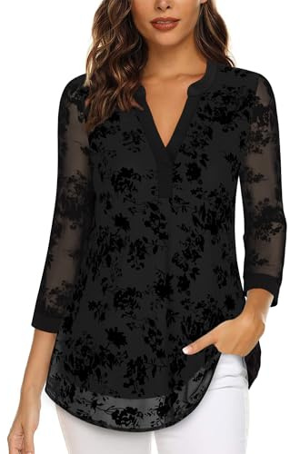 Timeson Black Blouses for Women: V Neck - Dress Shirts for Women Business Casual - 3/4 Length Sleeve Womens Tops Trendy 2024 Fall Winter Ladies Tunic Tops Loose Fit Work Office Outfits Floral 2XL