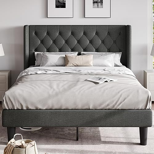 HOOMIC Classic Queen Size Bed Frame with Button Tufted Wingback Headboard, Upholstered Platform Bed with Strong Wooden Slats Support, No Box Spring Needed, Dark Gray