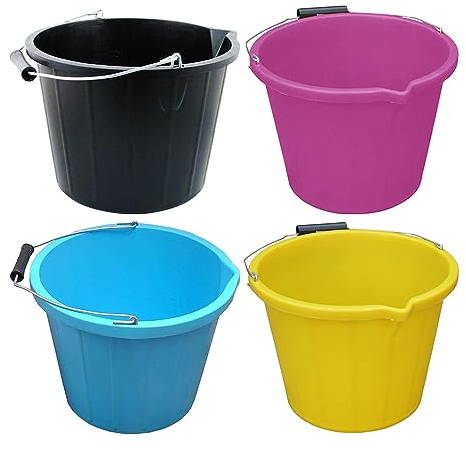 Set of 4-14L Litre Plastic Builders Bucket 3 Gallon Water Mixing Storage Strong with Measuring Guide Bucket With Handle And Spout - Made in UK (Black, Blue, Yellow, Pink)