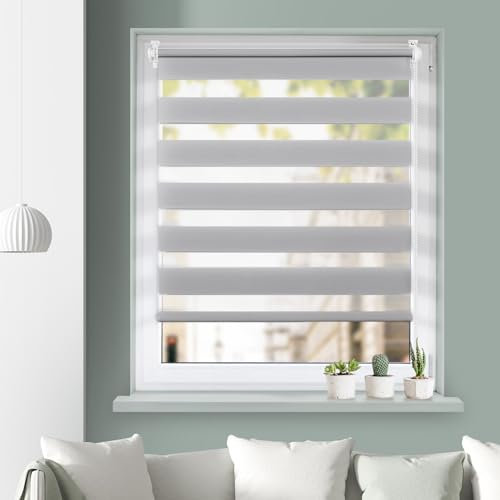 Grandekor Doppelrollo Klemmfix ohne Bohren Hellgrau 100x110cm (Stoffbreite 96cm) Fenster Rollos für innen Klemmrollos Duo Rollos für Fenster ohne Bohren mit UV-Schutz Zebrarollo