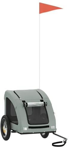 vidaXL Fahrradanhänger für Hunde, Hundeanhänger mit Reflektoren Flagge, Hundetransporter Maximale Belastbarkeit 30kg, Grau Oxford-Gewebe Eisen