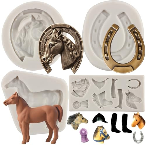 MYPRACS 4 Stück Pferde Silikonform Hufeisen Pferdekopf Fondantformen | Stiefel Silikonform Kuchendekoration Cupcake Topper Polymerton Schokoladen gummipaste
