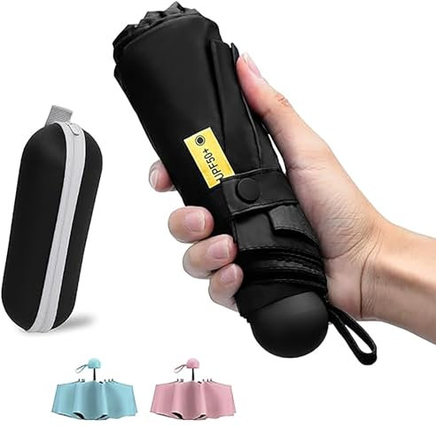 Shunshi Folding Travel Umbrella, 6 Rib Sun UV Anti-Wind Portable Rain Umbrella, Fast Dry, Compact with Capsule Case for Men Women Teens (Black)