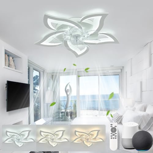 KeLuKes 65cm Deckenventilator mit Beleuchtung Leise, Blumen-Deckenleuchte mit Ventilator Kompatibel mit Alexa und Google Assistant, Timer Dimmbarer Ventilator mit Lampe für Schlafzimmer, Weiß