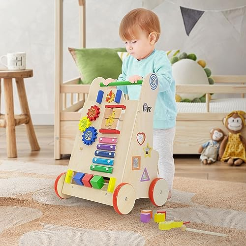 Joyz Lauflernwagen Holz, Natur, Multifunktionale Baby Walker Lauflernhilfe für Kinder ab 1 Jahr, Gehfrei, Montessori-Holzspielzeug mit 6 Aktivitäten, Gehhilfe mit Gummibereifung, Spiel- und Laufwagen