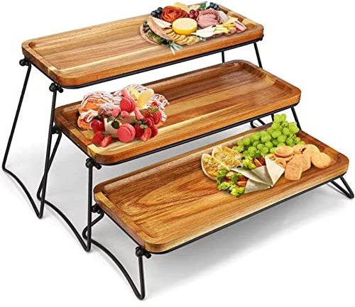 Support à Cupcakes à 3 Niveaux, Plateau de Service en Bois, présentoir de Table à Dessert, Planches de charcuterie Présentoir en Bois à 3 étages pour fête à Domicile 16,9x7,9x3,0 Pouces