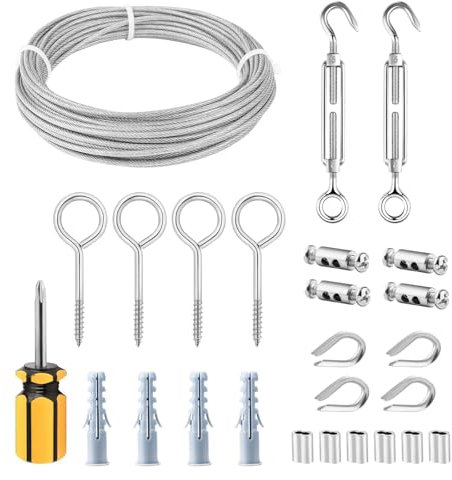 TooTaci 3mm Garden Wire Kit, 15M PVC Coated Stainless Steel Cable, M5 Turnbuckle Wire Tensioner Kit, Vine Eyes for Climbing Plants, Picture Hanging & Outdoor Use