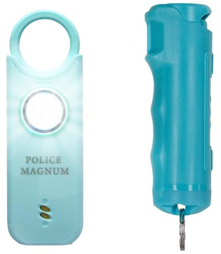 Police Magnum Personal Safety Alarm & Pepper Spray Combo Self Defense Pack for Women- Loud 135db Siren with Light & Max Strength Flip Top Pepper Spray Protection (Teal)