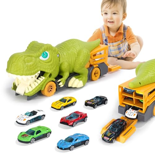 Lidasen Dinosaur Swallowing Truck Toy for Kids, Monster Tyrannosaurus Rex Transport Car with 6pcs Mini Car, Fine Motor Skills Training Toy, Scene Storage, Vehicle Gift for Boys Girls Ages 3+