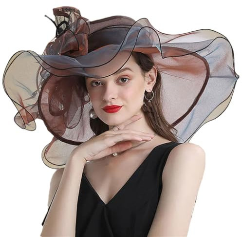 Fascinator für Hochzeit, Braut, breite Krempe, Fedora-Hüte für Damen, Organza-Sonnenhut, Blumenparty, Kirchenhut, braun, Einheitsgröße