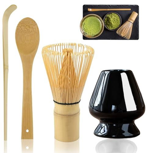 Rierousy Matcha Besen 4-Teiliges Set, Matcha-Schneebesen mit 2 Matcha Löffel, Matcha Whisk,Matcha Tea Set, Teepinselhalter aus Keramik (Schwarz)