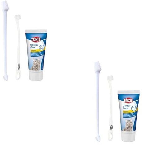 TRIXIE Zahnpflege-Set für Katzen | Doppelpack | 2 x 50 g | Zur Zahnpflege bei Katzen | Beinhaltet Zahncreme mit Käsearoma und Zwei Zahnbürsten mit DREI verschiedenen Köpfen