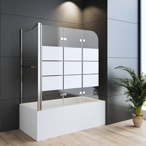 WDWRITTI Duschwand für Badewanne mit Seitenwand 70x120x140cm, Gestreiftes 3-teilig faltbar Badewannenaufsatz aus 6mm ESG Glas, Duschabtrennung Duschtrennwand für Badewanne