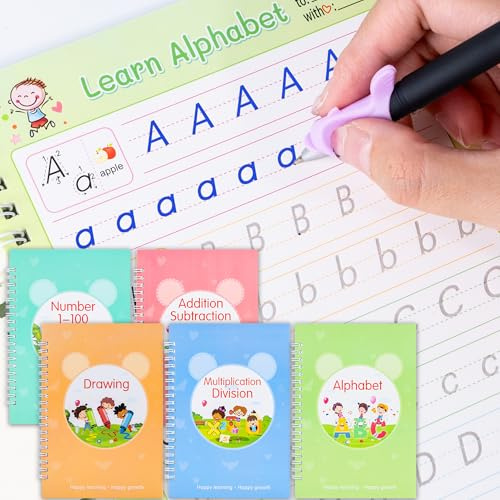 ZenBeya Set di libri di scrittura a mano scanalati, riutilizzabili, per imparare a scrivere per bambini dai 3 agli 8 anni, cartelle di lavoro per scuola materna per tracciare lettere, numeri