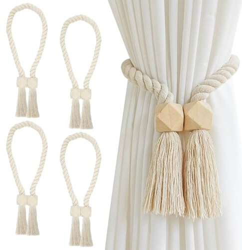 4 Pièces D'embrasses de Rideau Magnétiques, 60Cm Attache Rideaux Decoration en Coton, Corde D'attache les Rideaux Embrasse pour Rideaux Beige pour Bureau à Domicile Hôtel Fenêtre Draperies Décoration