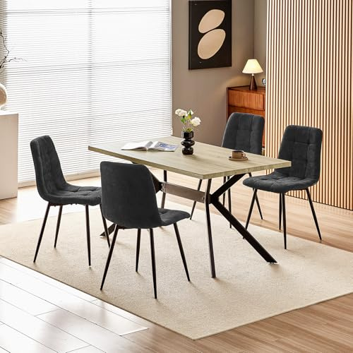 WAFTING Essgruppe Esstisch mit 4 Stühlen, 140×80×73cm Esstisch mit Helle Holzmaserung, und Gepolsterte Schwarze Esszimmerstühle mit hoher Rückenlehne und Leinendesign, für Küche Esszimmer, Wohnzimmer