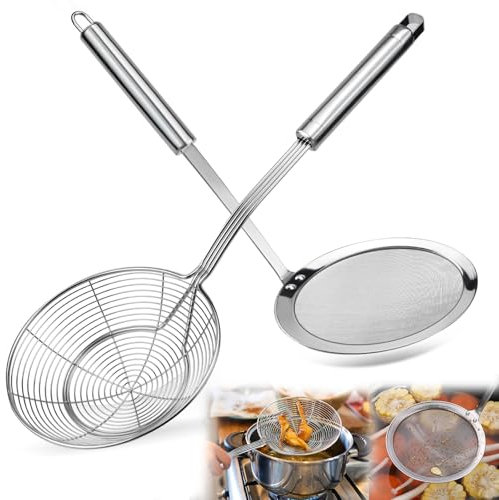 QGGTQG Schaumkelle Edelstahl Set Spinnen Sieb Siebkelle Küche Schaumlöffel Spinnensieb Skimmerkelle Spinnennetz-Schöpflöffel für Kochen, Braten, Dünsten, Hot Pot, Frittieren (Stil A)