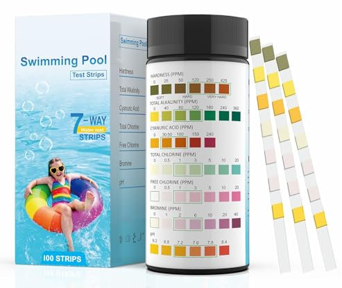Fontee Tiras de Prueba 7 en 1 para Piscinas - 100 Tiras | Test Rápido de pH, ácido Cianúrico, Dureza Total, Alcalinidad Total, Cloro, Bromo | Kit de Análisis de Agua para Piscinas, Spa, Jacuzzi