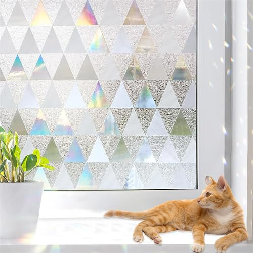 Blueshyhall Lámina opaca para ventanas con patrón de triángulos y efecto arcoíris, lámina de vidrio esmerilado, protección estática, autoadhesiva, protección UV, protección solar, decorativa