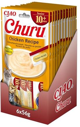 INABA Churu Senior kattmat för äldre katter med kyckling - 12-pack (48 pinnar x 14 gr) - kattmat över 10 år, med Omega 3, Taurin och vitamin C & E, funktionell kattsnacks