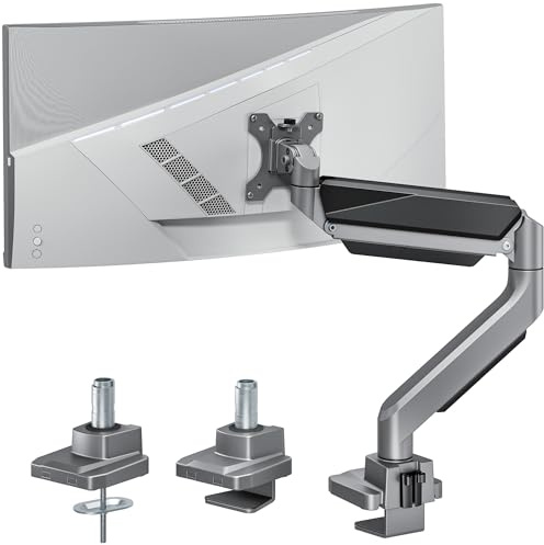 ARES WING Monitor Halterung 17-49 Zoll,Einzel Monitor Arm max 18kg Grau | Ultrawide Monitor Arm für flache/gebogene Bildschirme, Tischhalterung mit Kabelführung, 2 Montagearten，VESA 75/100mm