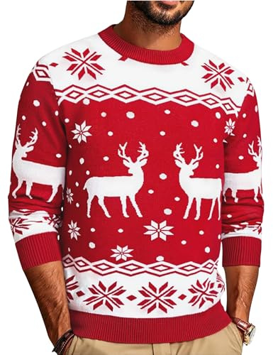 Demegimi Pull de Noël Homme Hiver Chaud à Manches Longues Col Rond Sweat Sapin Christmas Sweater pour Soirée Festive