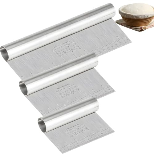 3 Stück Teigschaber Edelstahl Gemüseschaufel 15/20/25cm Teigschneider Mit Messskala Antihaft Teigkarte Edelstahl Teigkarte Backutensilien Teigschneider Spachtel für Brot, Pizzateig, Kuchen, Torte